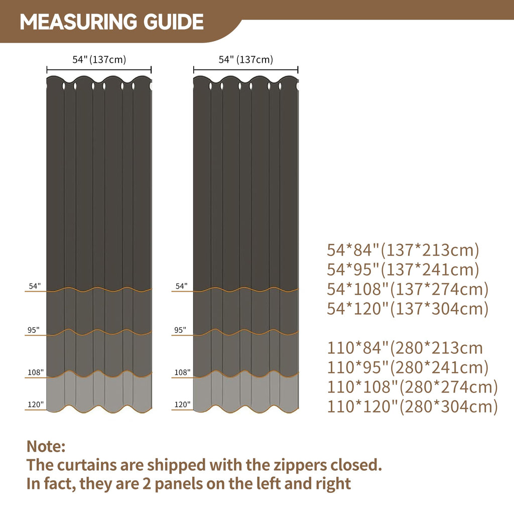 Outdoor Curtains Waterproof, Zipper Design 2 Panels Privacy Weatherproof Blackout Curtain Top & Bottom Grommet