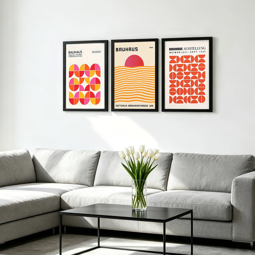3Pcs Black Framed Bauhaus Wall Art, Sunset Wall Decor, 16x24 Inch