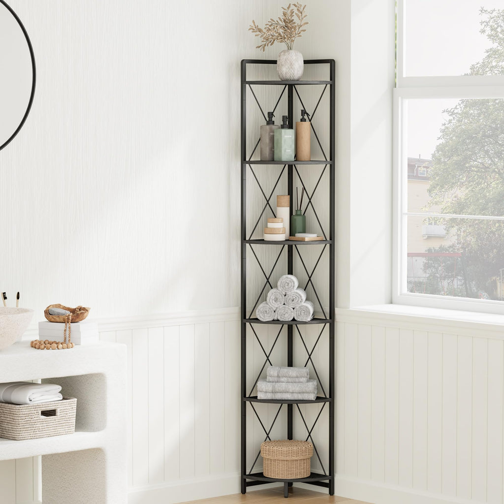 6 Tier Corner Shelf Stand, 78" H Tall Corner Bookshelf, Black