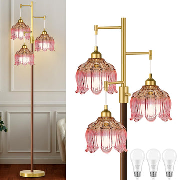 Vintage Floor Lamps 3 Light Glass Floor Lamp with Pink Glass Lampshape, Dimmable Flower Floor Lamp Gold Mid Century