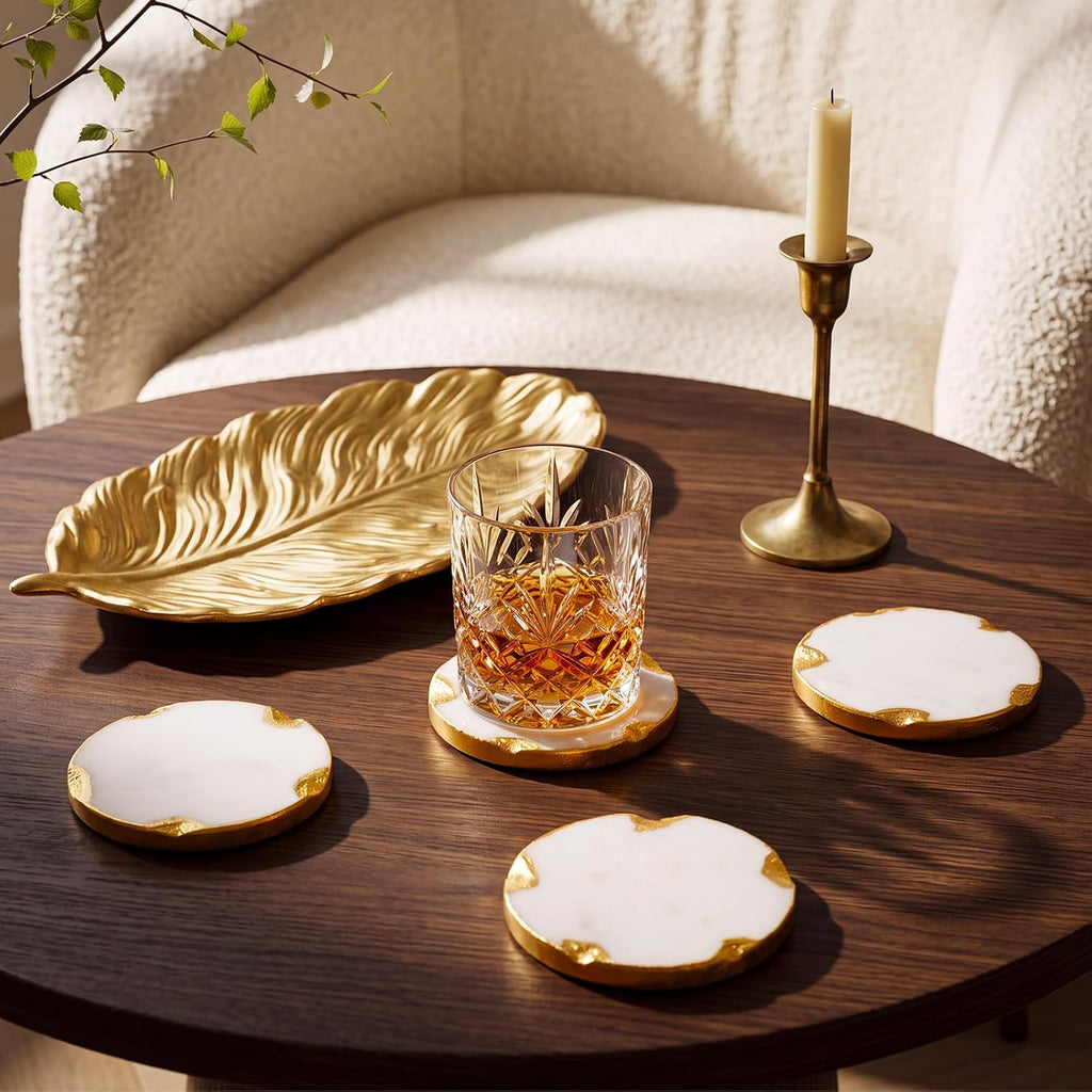 White Marble Coasters with Gold Leaf Tray Set Decorative Round Drink Coasters with Gold Foil Edge for Coffee - Set of 5
