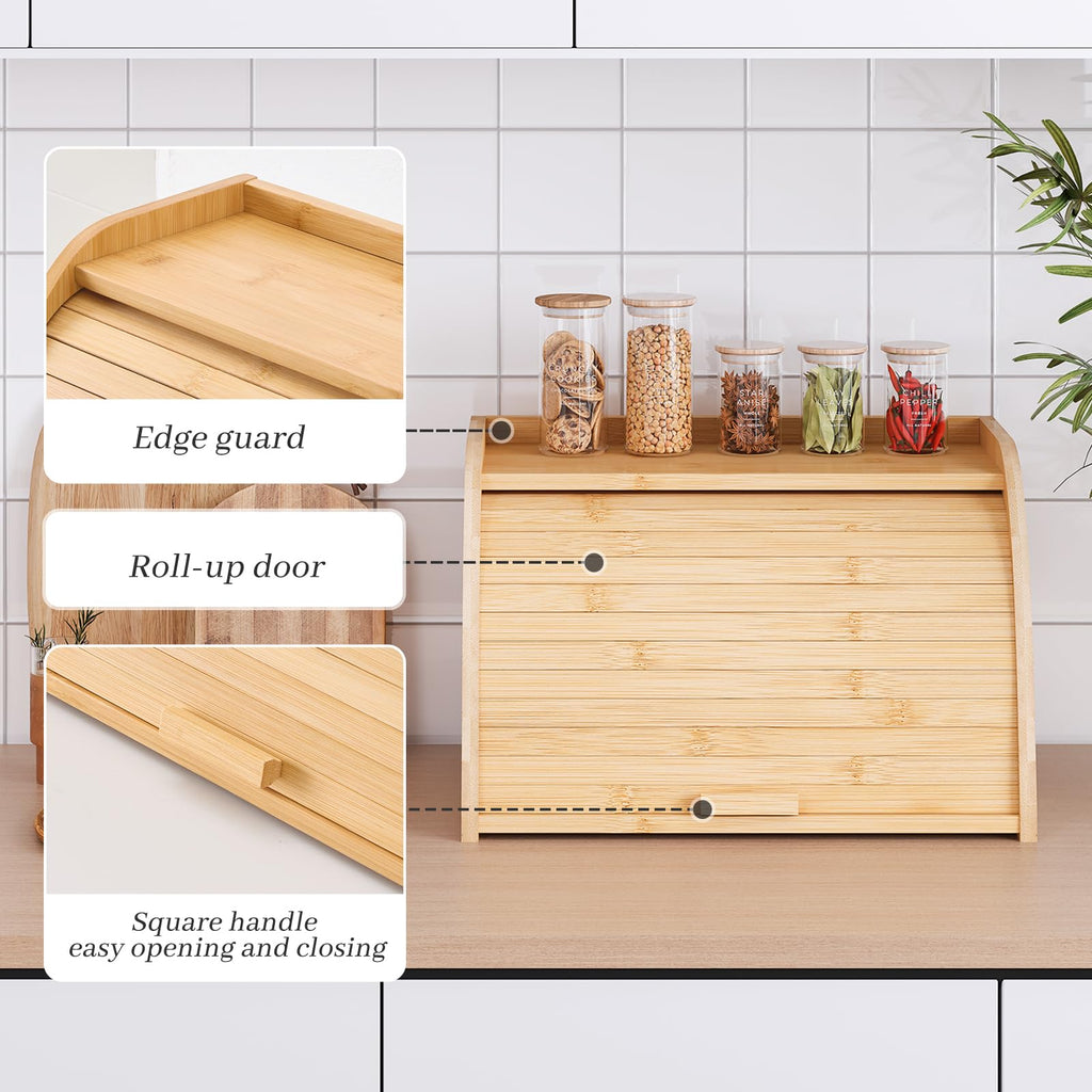 Countertop, Bamboo Bread Storage, Double-Layer Roll-Top Bread Container, Farmhouse Bread Holder made Bread (Natural
