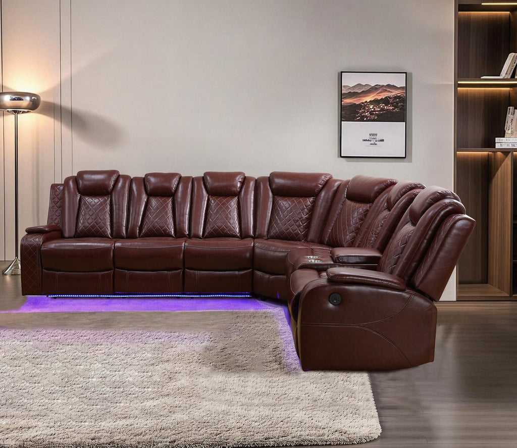 Power Recliner Sofa Sectional Couch with LED Light, Burgundy Leather Reclining Corner Sectional Sofa with 3