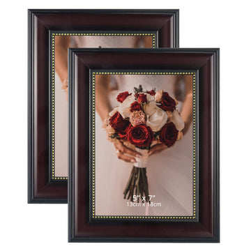 Picture Frames for 5x7 Photo 2-Pack Mahogany with Gold Beaded Wall Tabletop Collage Brown