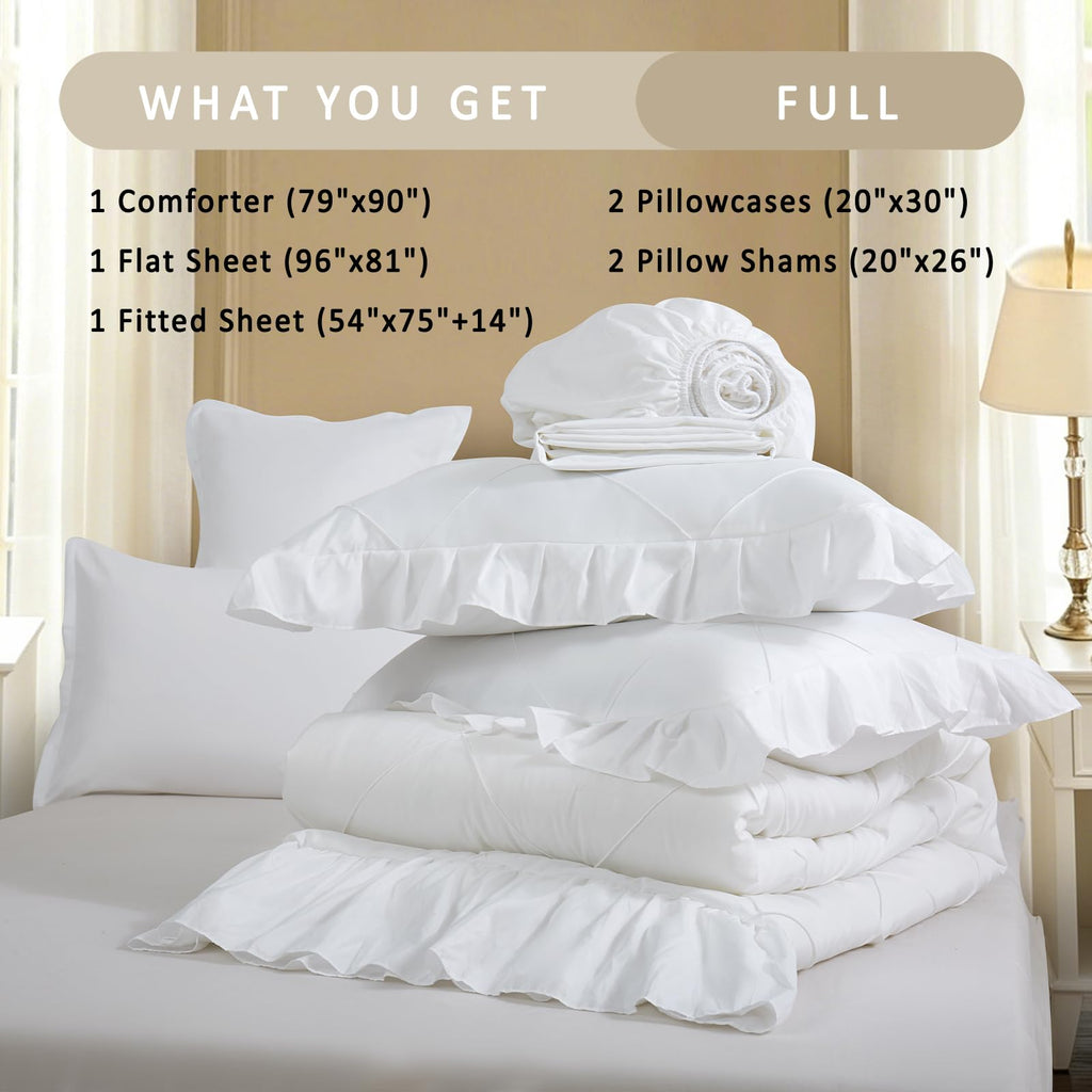 White Comforter Set, 7 Pcs Bed in a Bag Ruffle Bedding Set