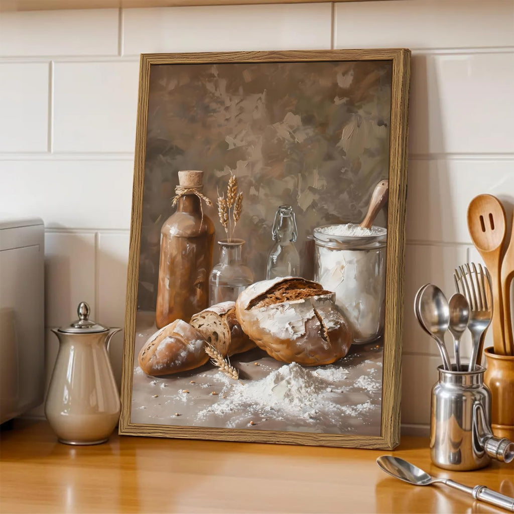 Framed Vintage Kitchen Wall Art, Rustic Bread and Flour Pictures Wall Decor Paintings, Farmhouse Food Poster Canvas