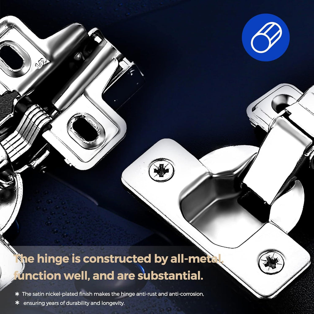 60 Pack 30 Pairs Short Arm Kitchen Cabinet Hinges for 1/2 Inch Overlay Cabinet, Brushed Nickel 105 Degree Opening Angle