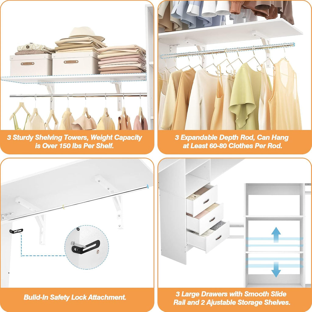8FT Closet System, 96'' Closet Organizer System with 3 Hanging Rods, Wall Mount Bedroom Wardrobe with 3 Drawers