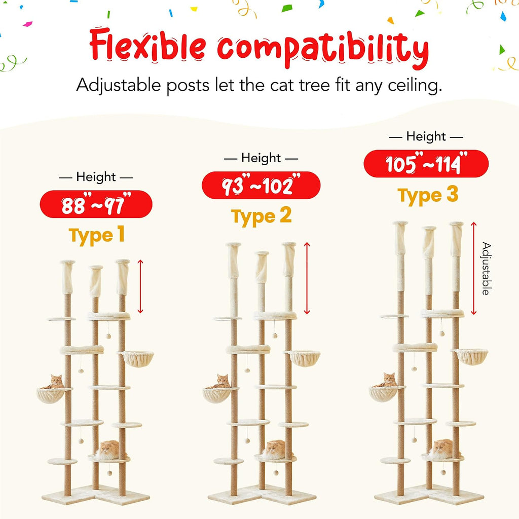 Floor to Ceiling Cat Tree, Tall Cat Tower Adjustable Height (88"-114"=223-290CM), 6-Tier Cat Climbing Tower with 18
