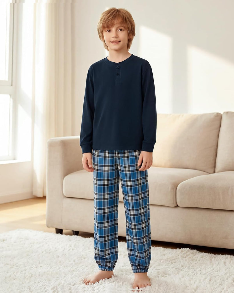 Boys Pajamas Plaid Pants Long Sleeve Henley 2 Piece Set Kids Sleepwear PJs Soft Loungewear for Boys