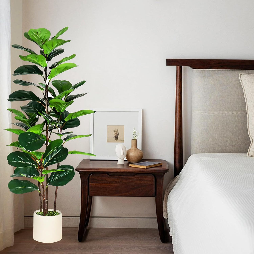 Artificial Fiddle Leaf Fig Tree with White Planter, 4FT Fake Plant with 4 Natural Wood Trunks and Faux Moss, Tall