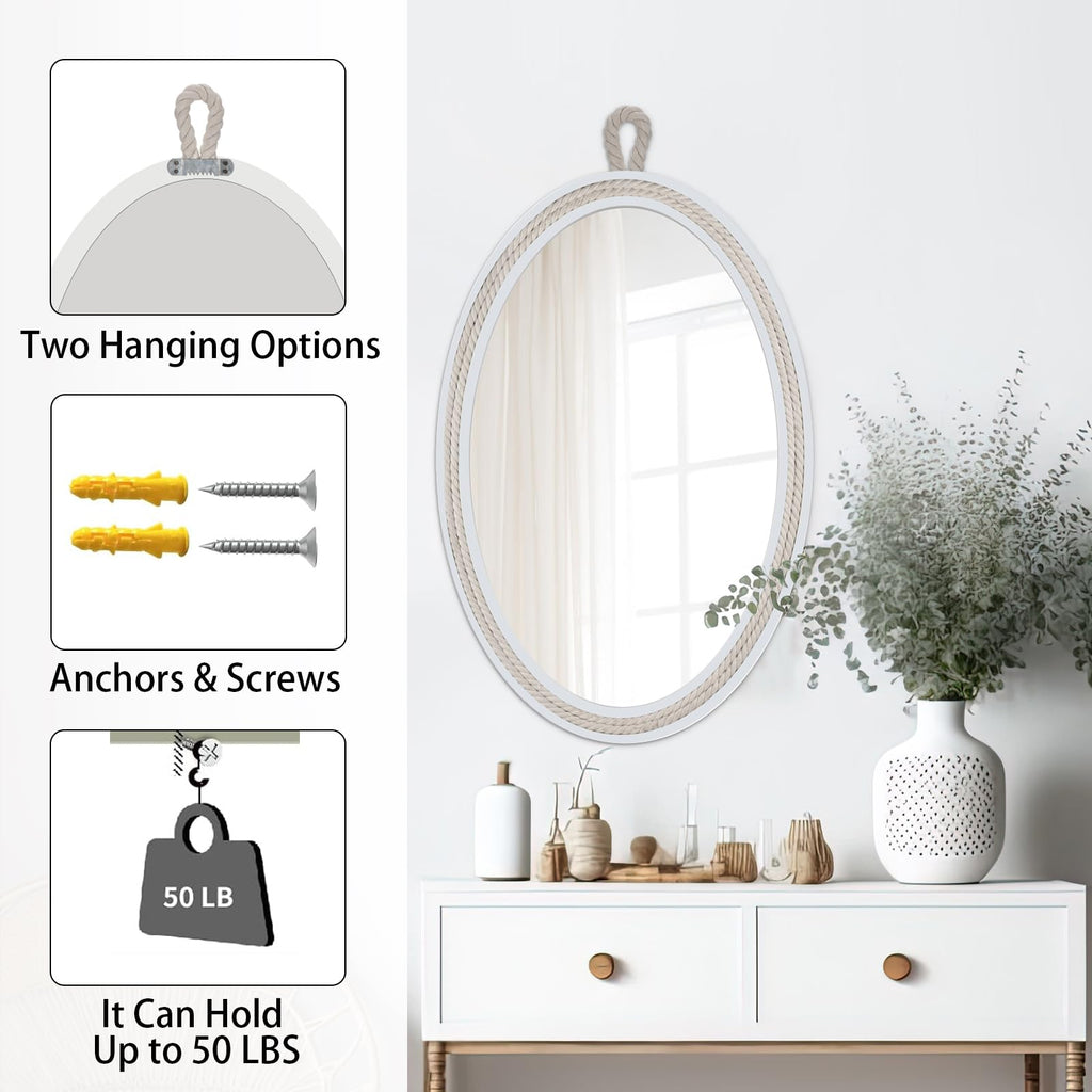 Oval Mirrors for Wall Decor Small White Nautical Rope Mirror Hanging Decorative Beach Coastal Mirror, 24''Lx16''W, Oval