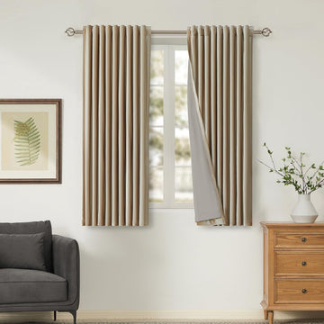 100% Full Blackout Champagne Beige Polyester Velvet Curtains 96 inch Long,Set of 2 Liner Rod Pocket Back Tab Thermal