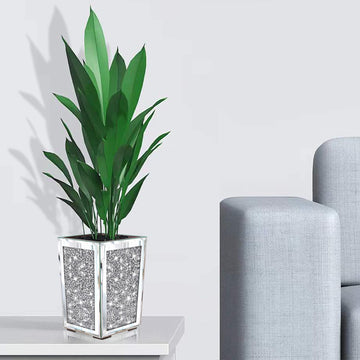 Crushed Diamond Mirrored Planter, Crystal Silver Glass Decorative Mirror Luxury Flower Pot, with Drainage Hole and