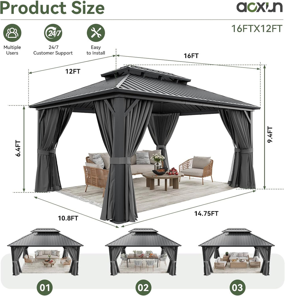12Ft X 16Ft Hardtop Gazebo, Aluminum Metal Outdoor Gazebo with Breathable Netting and Curtains