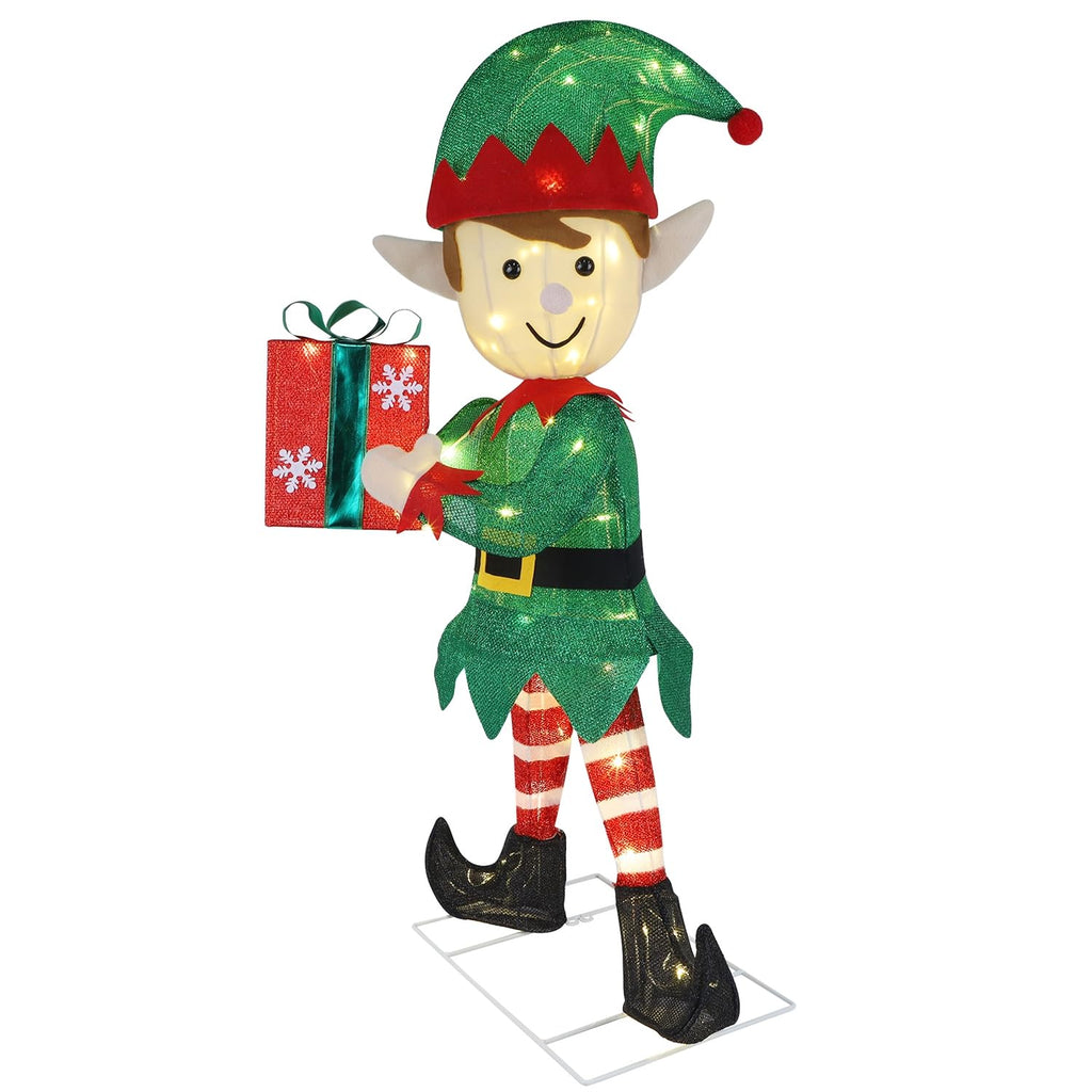 Lighted Christmas Outdoor Decor, 38" Height Pre-Lit 3D Tinsel Xmas Green Elf Figure, Light Up Xmas Yard Displays