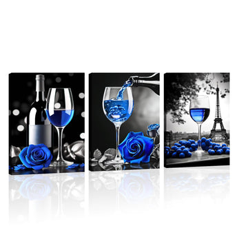 Glass Wine Canvas Wall 3 Piece Blue Wine and Rose Picture Print Eiffel Tower Painting Black and White Poster Romantic