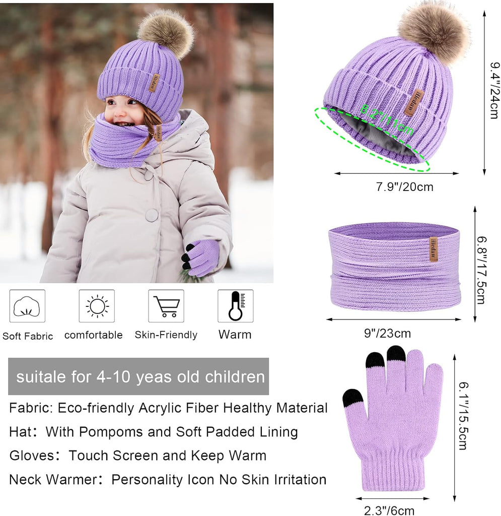 Kids Winter Hats Gloves Scarf Set Touchscreen Glove With Removable Pompom Fleece Lined Toddler Beanie Hat for Boy Girl