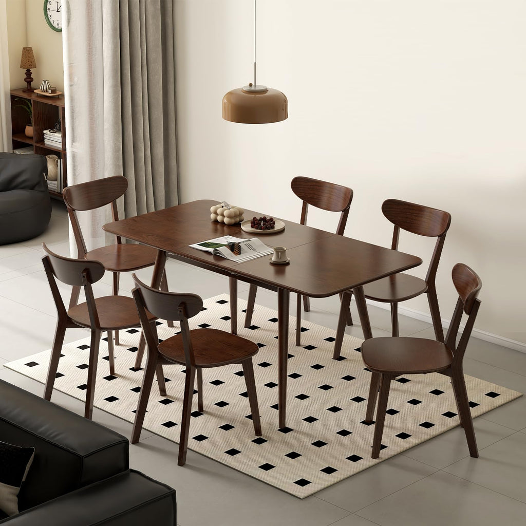 47''-63'' 100% Oak Extendable Dining Table, Solid Wood Folding Kitchen Table, Mid Century Modern Dinner Table