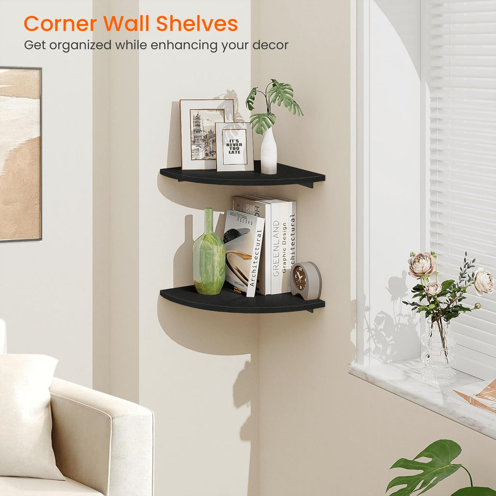 Corner Floating Shelves, 12" Deep Corner Shelves Wall Mounted with Cord Hole, 2 Tier Curved Corner Hanging Shelving