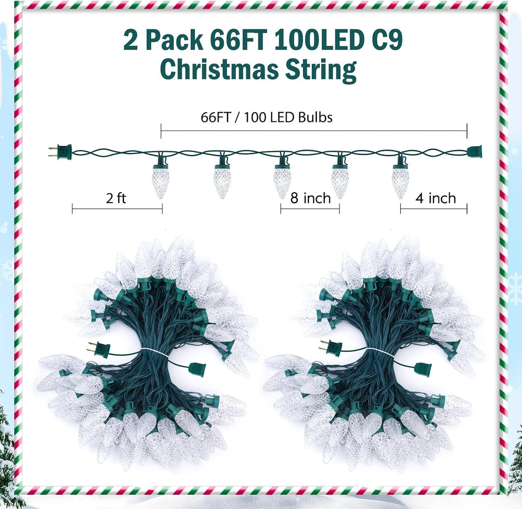 2 Pack Total 132ft 200LED Outdoor C9 LED Christmas String Lights, Plug-in Connectable Waterproof Roofline String