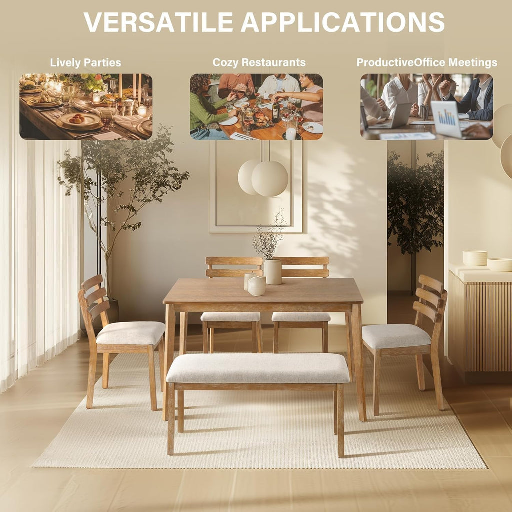 Farmhouse Dining Room Table Set for 6 with Upholstered Bench and Chairs
