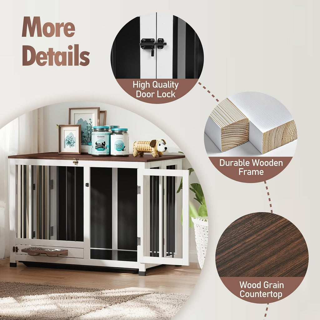 Dog Crate - 39.4" Wooden Dog Kennel Furniture with 360° Rotating Feeder & Removable Tray | Multi-Functional End Table
