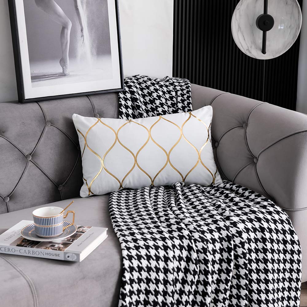 Gold Velvet Throw Pillow Covers Off White: 2 Pack 12x20 Inch Rectangular Decorative Pillow Cases Sofa Couch Living