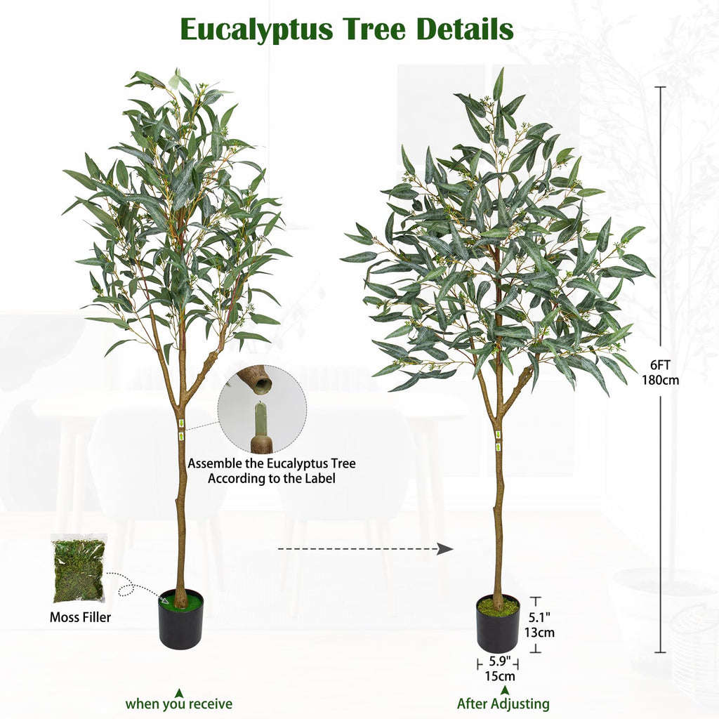 6ft Artificial Eucalyptus Tree in Black Pot, Realistic Silk Potted Floor Plant Eucalyptus Plant Decor Indoor Outdoor