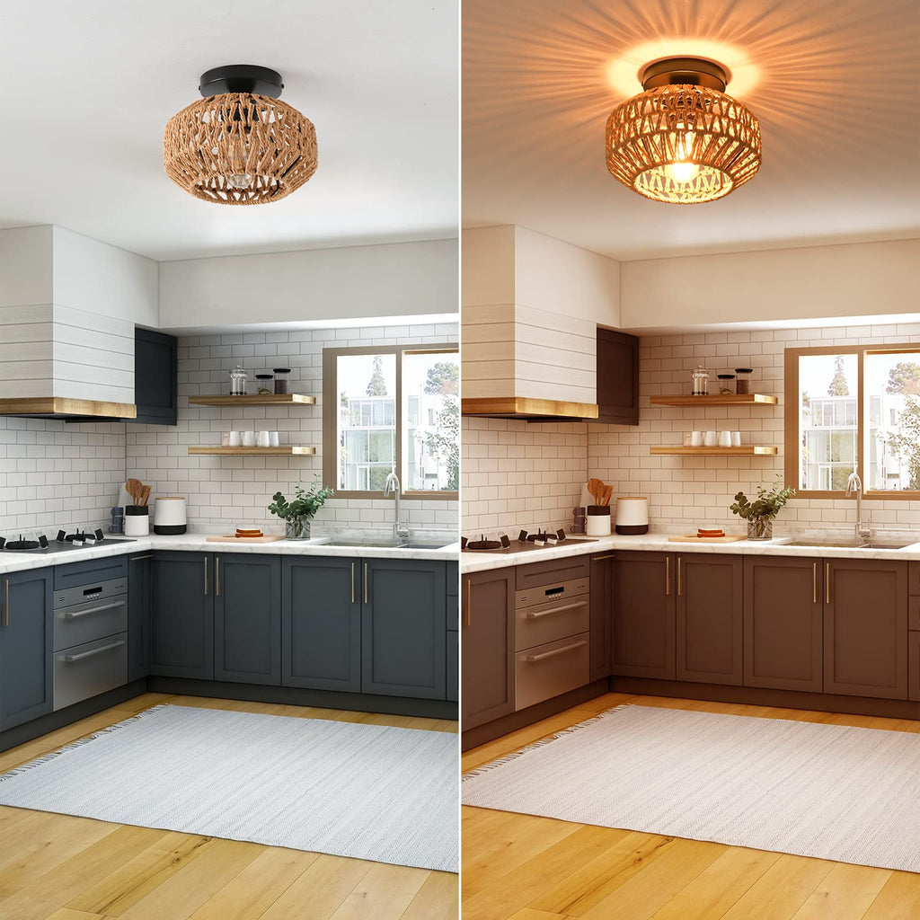 2 Pack Farmhouse Light Fixtures Ceiling Mount, Mini Rattan Boho Semi Flush Mount Ceiling Light, Hand Woven Hallway