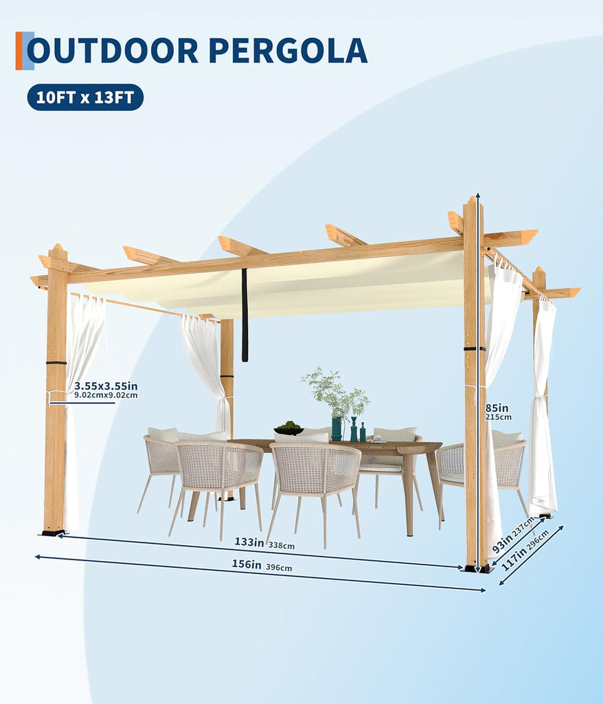 Modern Aluminum Outdoor Pergola with Retractable Canopy and Mesh Sides, Faux Wood Grain, Waterproof Gazebo for Patio