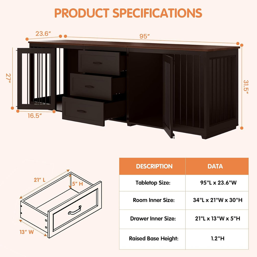 Dog Crate Furniture, Indoor Wooden Farmhouse Dog Kennel Furniture with 3 Drawers & 2 Lockable Doors