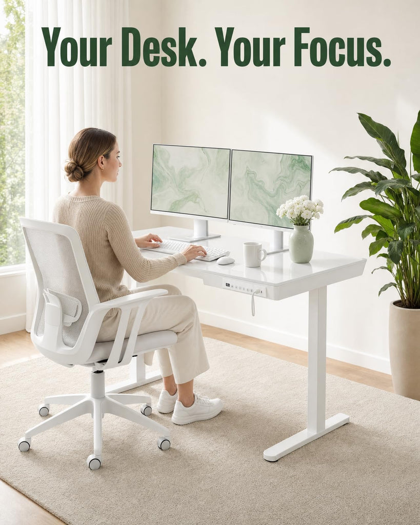Glass Standing Desk, 35 Inch Small Sit Stand Desk, Pure White