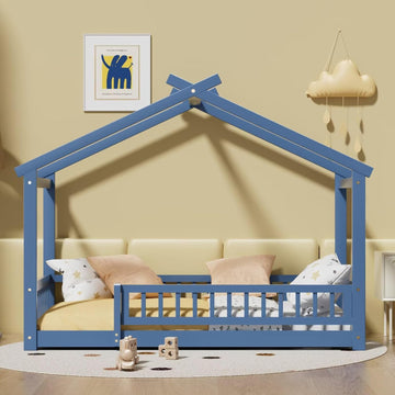 House‐Style Floor Bed Frame with Guardrail Fence, Solid Wood Montessori‐Inspired Bed with Wood Slat Support