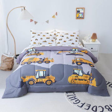 Comforter Set for Boys, 4-Piece Bed in a Bag, 3D Construction Bedding Comforter Sheet Set, Ultra Soft and