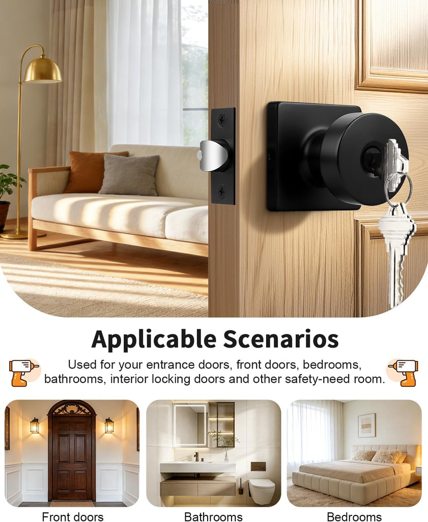 Keyed Entry Door Knobs Interior/Exterior 2 Pack, Classic Keyed Bedroom/Bathroom Door Knobs Entrance Lockset