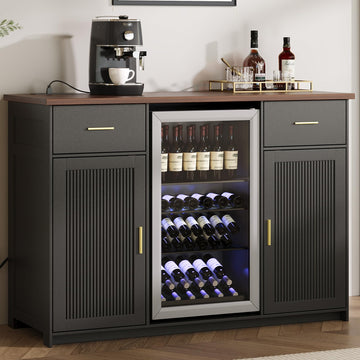 54.72" Coffee Bar Cabinet With Fridge Space, Black Fluted