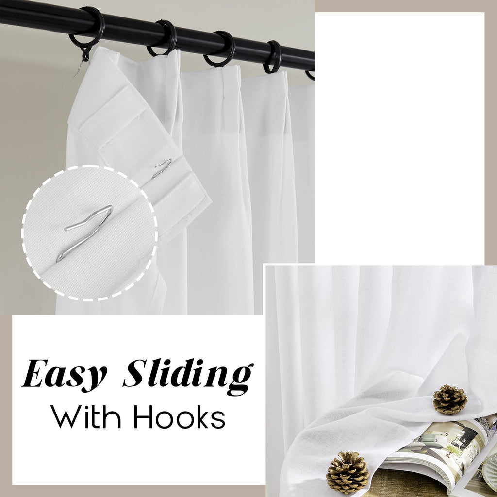 104 Inch Long Linen Curtains, White Semi Sheer Pinch Pleat Drapes, Light Filtering Panel Track System