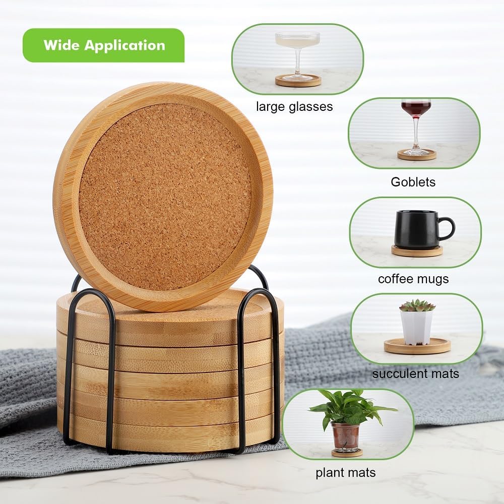 Bamboo Cork Coasters for Drinks Absorbent with Holder, Bamboo Coasters for Drinks Coaster Sets Rustic - Set of 6