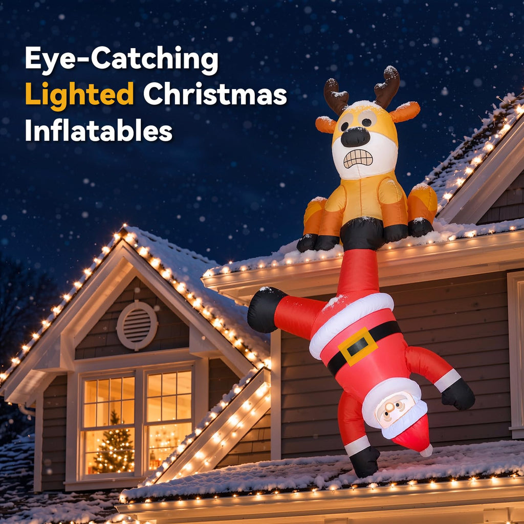 8FT Christmas Inflatable Decoration, Hanging Inflatables Santa Pulled by Reindeer Blow Up Yard Decor with Built-in