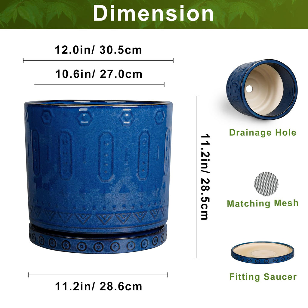 12 Inch Pot for Plants - Ceramic Planter for Indoor Plants Large Plant Pot with Drainage Holes and Saucer Outdoor