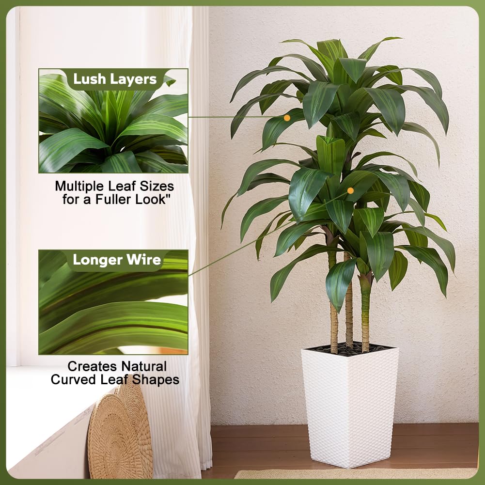 Artificial Dracaena Tree 5FT - Fake Tree with White Taper Planter & Pebbles - UV Resistant Faux Yucca Tropical Plant