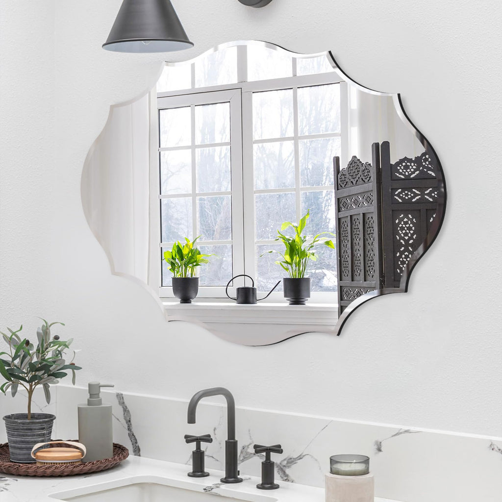 24x31 Frameless Oval Wall Beveled Scalloped Silver Wall with MDF Backplane Over Bathroom Sink for Vanity, Bedroom or