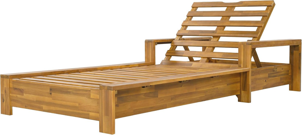 Acacia Wood Chaise Lounge Chair Outdoor, Solid Wood Patio Chaise Lounge, Adjustable Backrest Sun Lounger