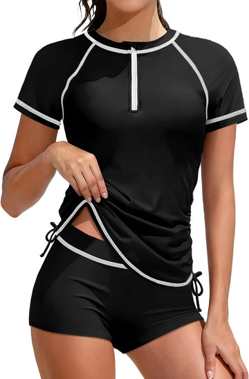 Girls Swimsuit Rash Guard Bathing Suit for Girls 2 Piece Short Sleeve Solid Color UPF 50+ Padded Zip Swimwear