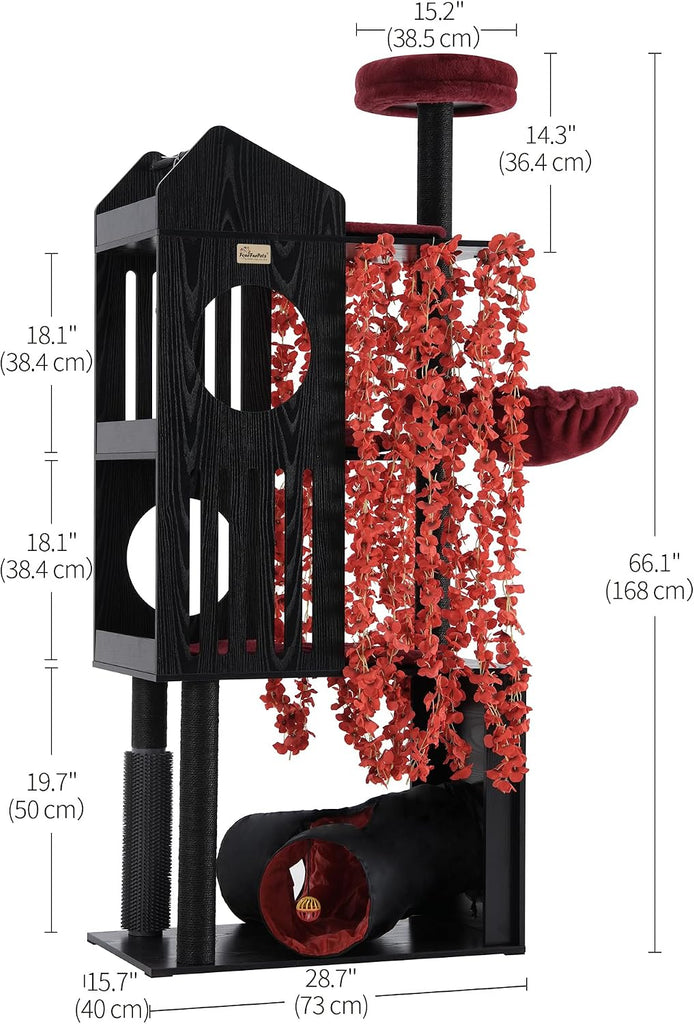 Gothic Cat Tree with Leaves, 67" Tall Cat Tower, Anti-tip Kit