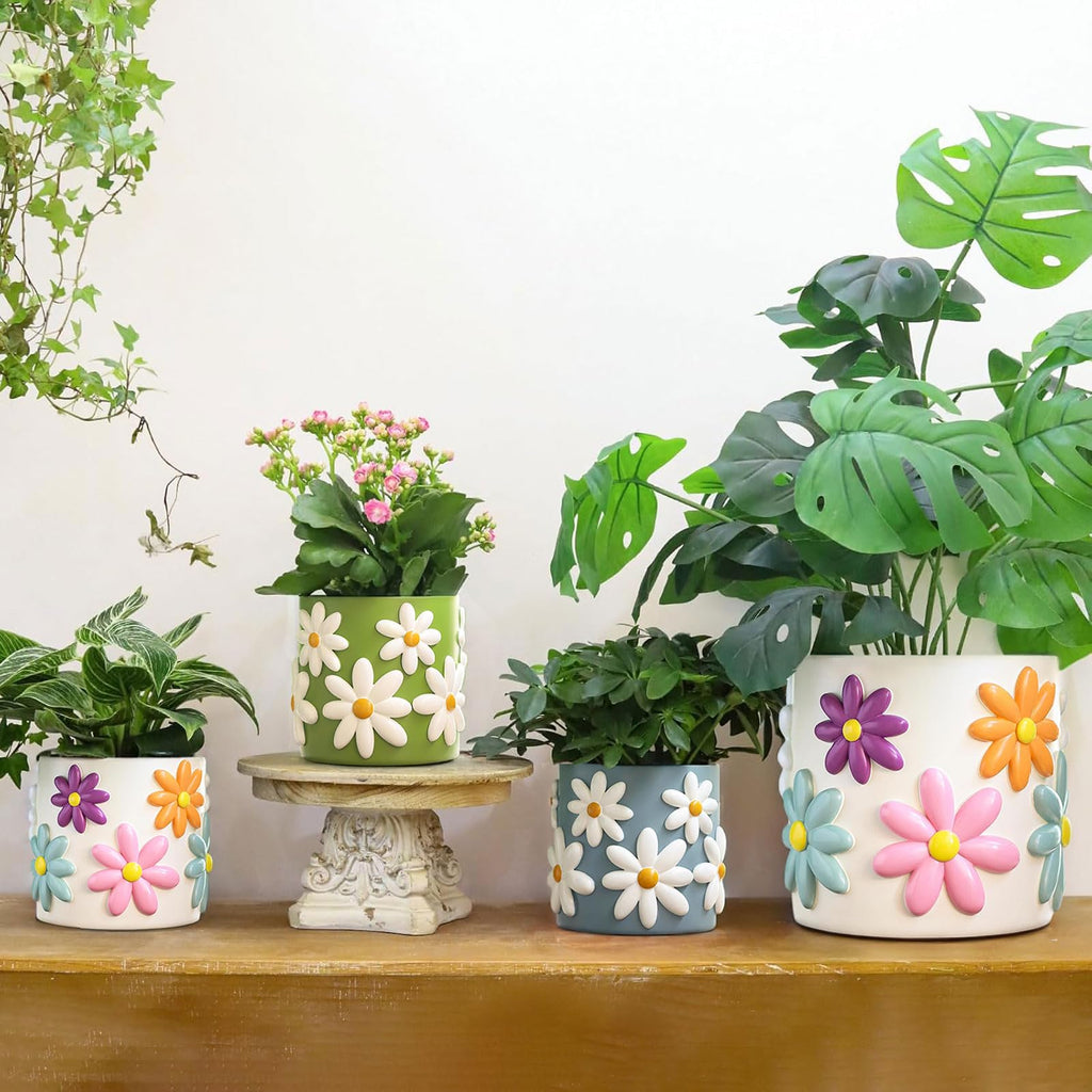 8 Inch Daisy Planters, Decorative Large Plant Pots with Drainage Holes, Funny Unique Flower Pot for Indoor Plants