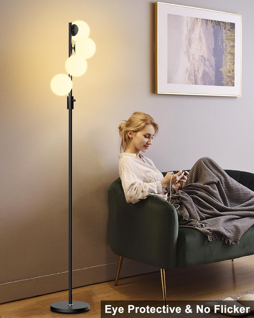 64IN Dimmable Globe Floor Lamp, Black Standing Lamps with 4PCS 3000K Bulbs Included, Mid Century Modern Floor Lamp