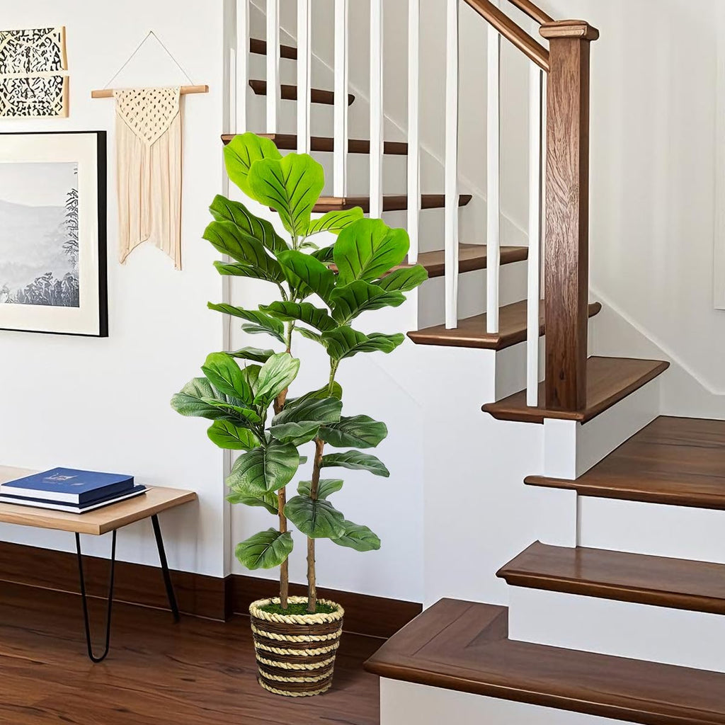 Artificial Fiddle Leaf Fig Tree with Woven Basket,4ft Tall Fake Tree with Natural Wood Trunk Decor, Faux Ficus Tree