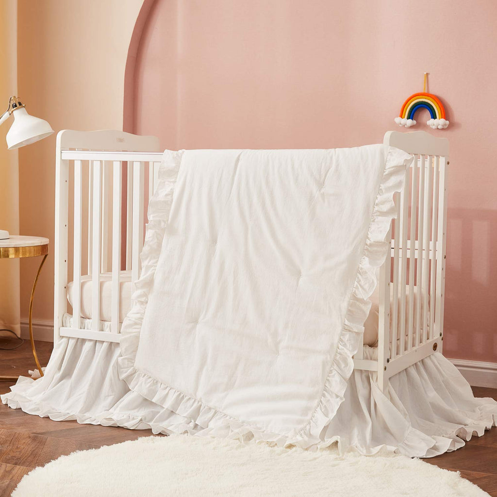 Boho Bohemian Girl Baby Nursery Crib Bed Skirt Dust Ruffle - Neutral Solid Color Beige Cream Off White Farmhouse Chic